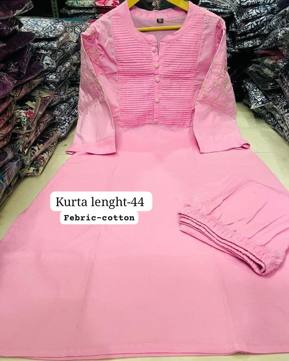 Pink Kurti Pant Set with Embroidery & Pintex Detailing